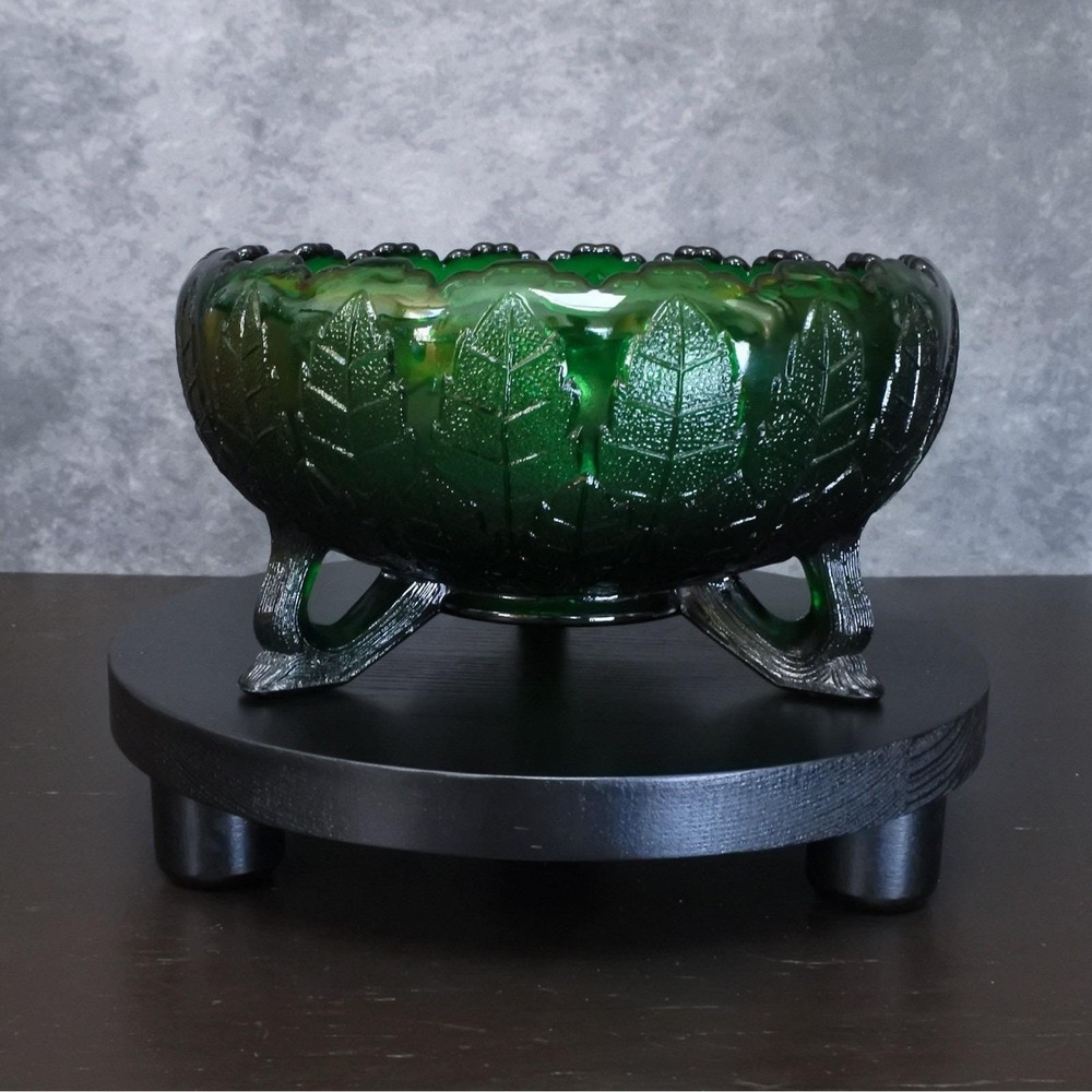 Rare Vintage Fenton Art Glass Emerald Green Leaf Tiers Bowl